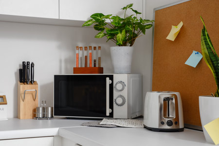 Interior of modern kitchen with white counters, microwave oven, toaster and houseplantsの写真素材