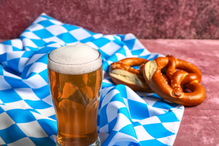 Flag of Bavaria, mug with beer and pretzels on purple backgroundの写真素材