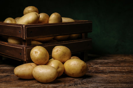 Box with raw potatoes on wooden tableの写真素材