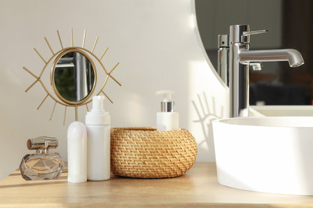 Bath accessories with mirror on table in roomの写真素材