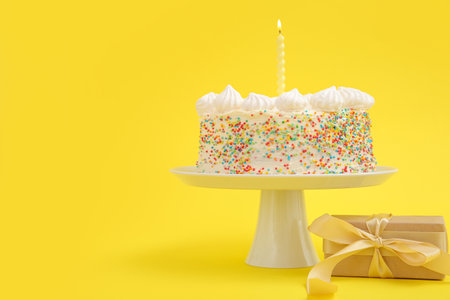 Stand with yummy birthday cake and gift box on yellow backgroundの写真素材