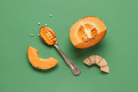 Pieces of sweet melon and spoon with seeds on green backgroundの写真素材