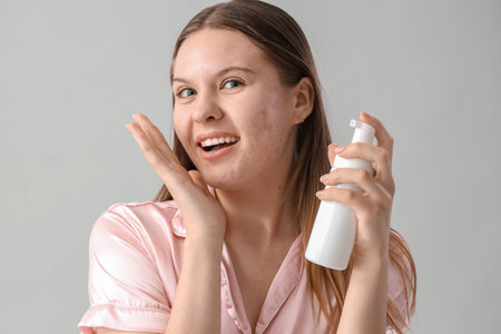 Teenage girl with acne problem and bottle of cosmetic product on light background, closeupの写真素材