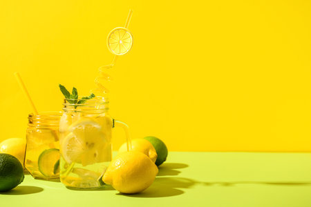 Mason jars of tasty lemonade with lime and mint on colorful backgroundの写真素材
