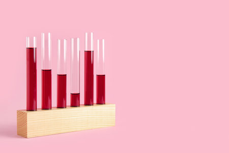 Test tubes with samples in wooden stand on pink backgroundの写真素材
