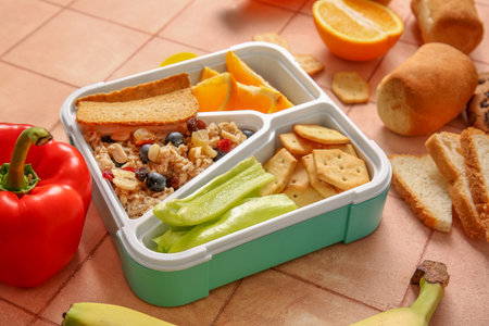 Lunchbox with delicious food on orange tile background