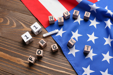 Calendar with date of National Day of Prayer and Remembrance for the Victims of the Terrorist Attacks on wooden backgroundの写真素材