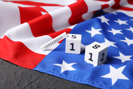 Calendar with date of National Day of Prayer and Remembrance for the Victims of the Terrorist Attacks on American flag backgroundの写真素材