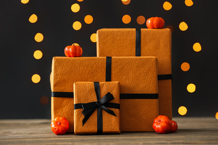 Gift boxes with pumpkins for Halloween celebration on brown wooden table against blurred lightsの写真素材
