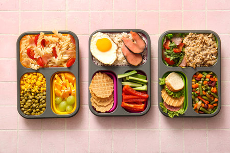 Lunchboxes with different delicious food on pink tile backgroundの写真素材