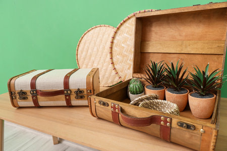 Suitcase with houseplants on wooden shelf near green wallの写真素材