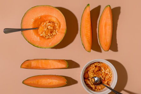Ripe cut melon on orange backgroundの写真素材