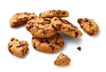 Tasty cookies with chocolate chips on white background