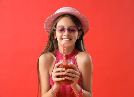 Little girl with glass of juice on red backgroundの写真素材