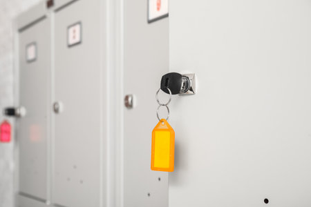 Modern locker with key, closeupの写真素材
