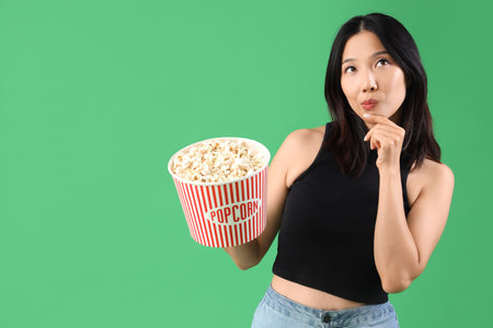 Thoughtful young beautiful Asian woman with bucket of popcorn on green backgroundの写真素材