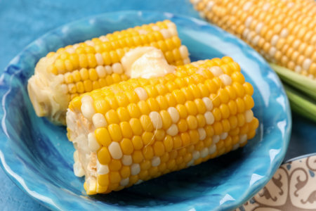 Plate of boiled corn cobs with butter on blue background, closeupの写真素材