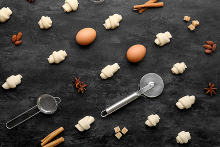 Composition with raw croissants, ingredients and utensils on dark backgroundの写真素材