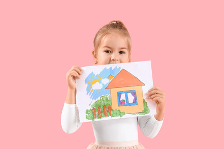 Cute little girl with drawing on pink backgroundの写真素材