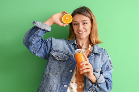 Young woman with bottle of juice and orange on green backgroundの写真素材