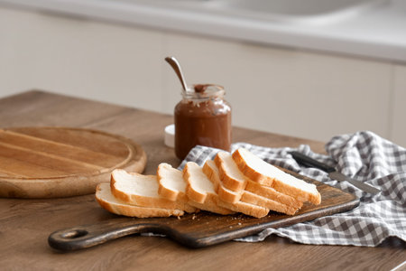Board with bread slices on dining table, closeupの写真素材