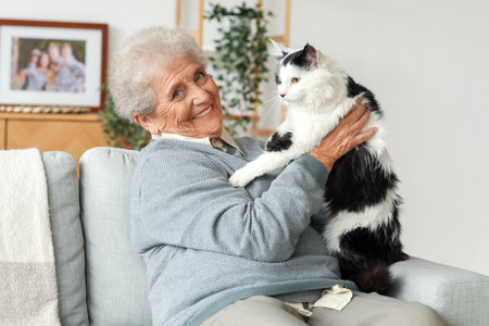 Senior woman with cute cat resting at homeの写真素材