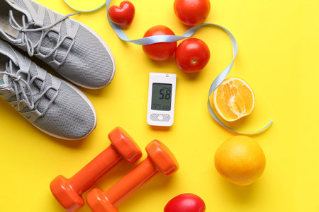 Glucometer with food, dumbbells, sneakers and ribbon on yellow background. Diabetes conceptの写真素材