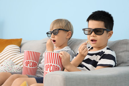 Cute little boys in 3D glasses with popcorn watching movie at homeの写真素材