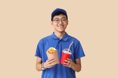 Asian delivery man with French fries and soda on beige backgroundの写真素材