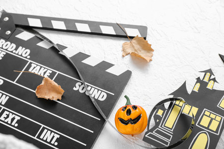 Clapperboard with film reel and different Halloween decor on textured white backgroundの写真素材