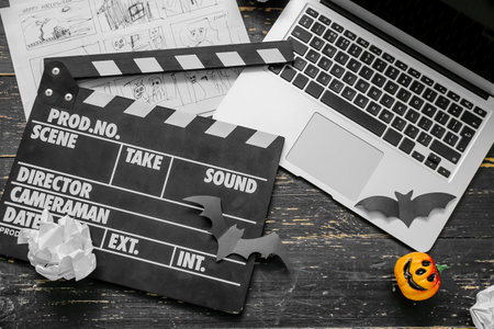 Clapperboard with storyboard and laptop on black wooden background. halloween celebrationの写真素材