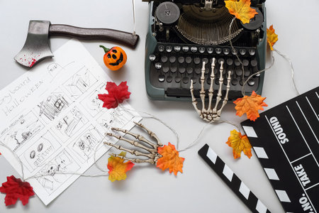 Typewriter with clapperboard, storyboard and Halloween decor on gray backgroundの写真素材