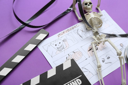 Clapperboard with film reel, storyboard and skeleton on purple background. Halloween celebrationの写真素材