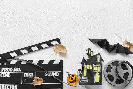 Clapperboard with film reel and different Halloween decor on textured white backgroundの写真素材