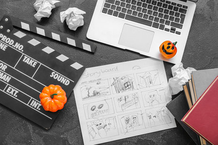 Laptop with clapperboard, storyboard and pumpkins on grunge gray background. Halloween celebrationの写真素材