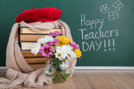 Vase of beautiful flowers and many books on wooden table near blackboard with text TEACHER'S DAY in classroomの写真素材