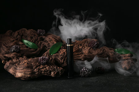 Electronic cigarette with blackberry, tree bark and smoke on black backgroundの写真素材