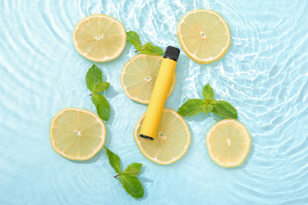Electronic cigarette with lemon and mint in water on blue background