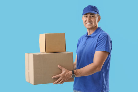 Mature courier with parcels on blue background