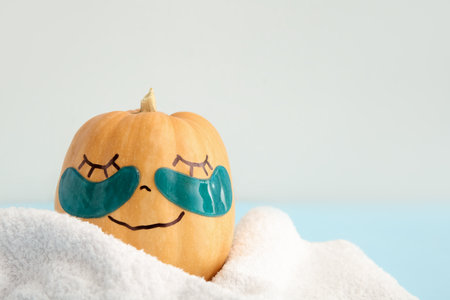 Pumpkin with under-eye patches and towel on blue table, closeupの写真素材
