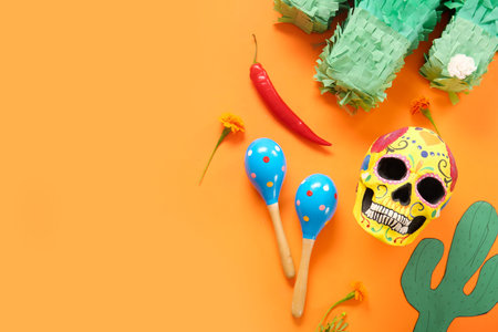 Composition with Mexican symbols for Independence Day on orange backgroundの写真素材