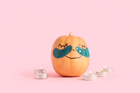 Pumpkin with under-eye patches and burning candles on pink backgroundの写真素材