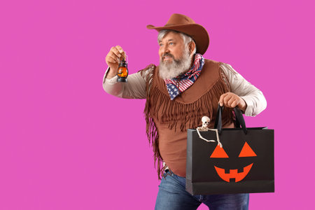 Mature man dressed for Halloween with lantern and gift bag on pink backgroundの写真素材