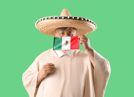 Mature man in sombrero hat with Mexican flag on green backgroundの写真素材