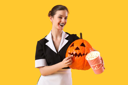 Young woman dressed for Halloween as maid with popcorn and pumpkin on yellow backgroundの写真素材