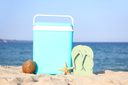 Modern beach cooler, flip-flops and ripe coconut on sandの写真素材