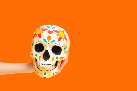 Female hand holding painted human skull for Mexico's Day of the Dead (El Dia de Muertos) on orange backgroundの写真素材