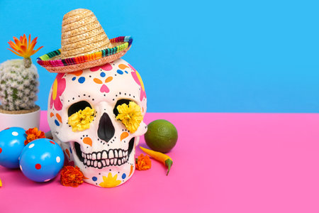 Mexican sugar skull with sombrero, flowers and lime on pink table against blue background. Mexico's Independence Day celebrationの写真素材