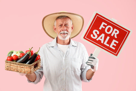 Mature male farmer with wicker basket of different ripe vegetables and FOR SALE sign on pink backgroundの写真素材