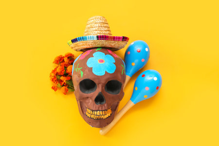 Painted human skull for Mexico's Day of the Dead (El Dia de Muertos) with sombrero, maracas and flowers on yellow backgroundの写真素材